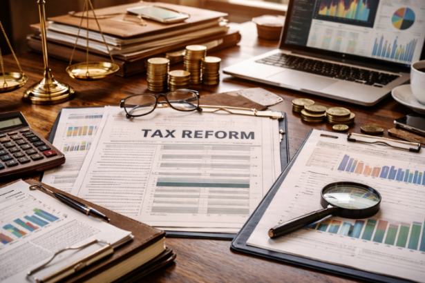 Planejamento financeiro e análise de reforma tributária em cenário corporativo, representando decisões estratégicas nas empresas com Victor Boris Santos Maciel.