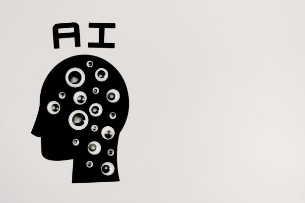Silhueta de uma cabeça humana preenchida por olhos, em composição abstrata que representa inteligência artificial, observação e tecnologia.