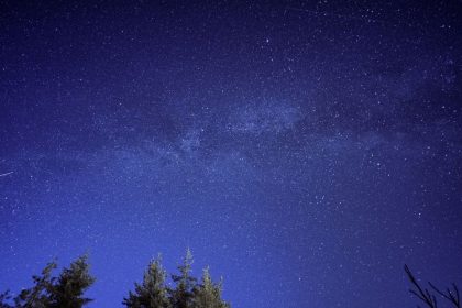 Meteoro riscando o céu estrelado acima da silhueta de uma floresta